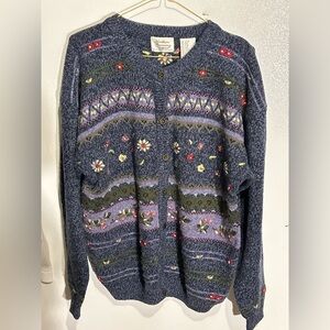 Vintage Northern Treasures Wool Blend Embroidered Floral Cardigan In Size L.